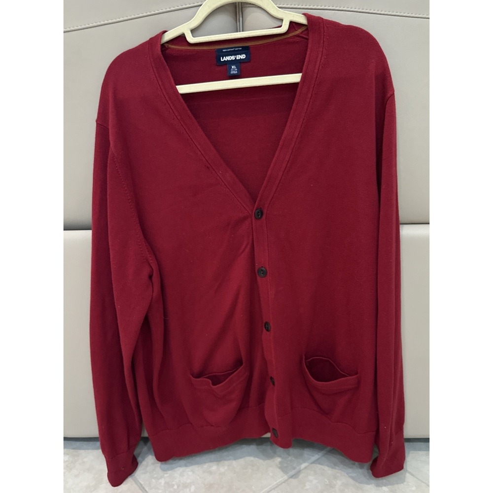 Lands' End Cardigan Sweater Men's XL Red Supima Cotton Pockets Preppy Career Dad